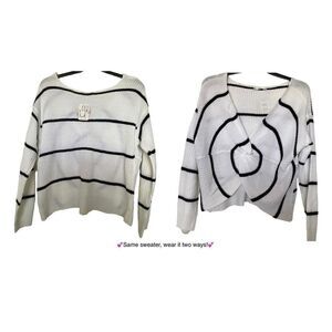 FULL CIRCLE TRENDS 1X 2-WAY WHITE/Black Stripe LONG SLEEVE SWEATER